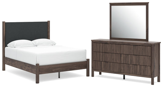 Pamytta Full Upholstered Panel Platform Bed, Dresser and Mirror