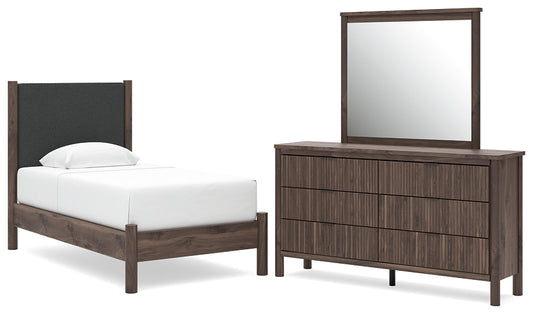 Pamytta Twin Upholstered Panel Platform Bed, Dresser and Mirror