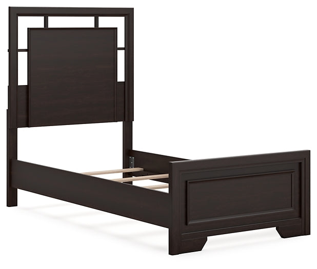 Covetown Twin Panel Bed with Mirrored Dresser, Chest and 2 Nightstands