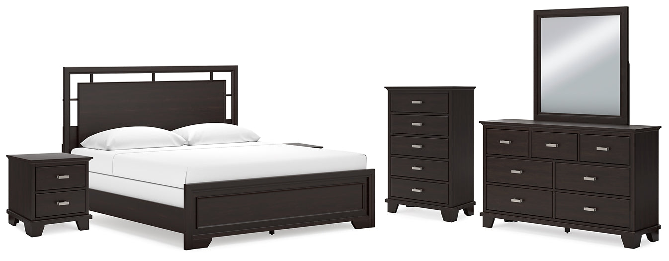 Covetown California King Panel Bed with Mirrored Dresser, Chest and 2 Nightstands