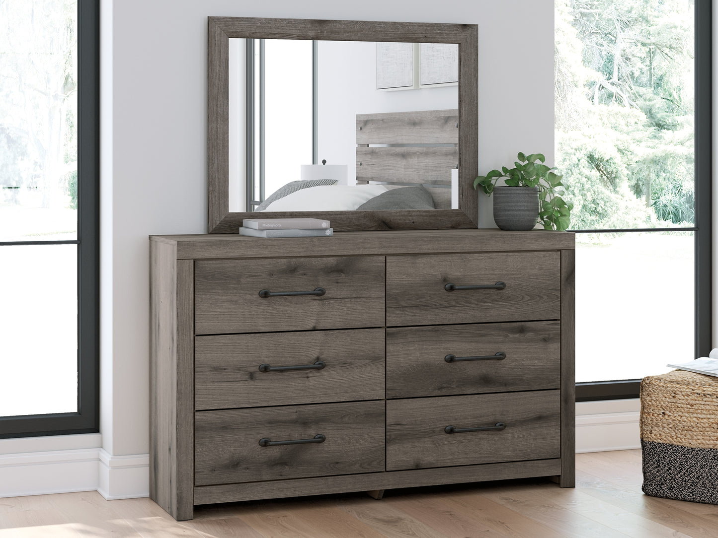 Graystorm Full Panel Bed with Storage with Mirrored Dresser