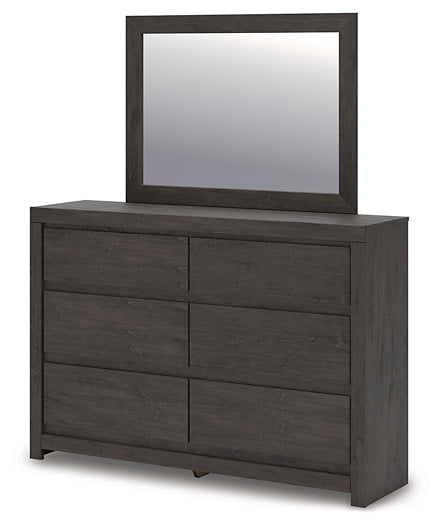Fraluna King Panel Storage Bed with Mirrored Dresser and Nightstand