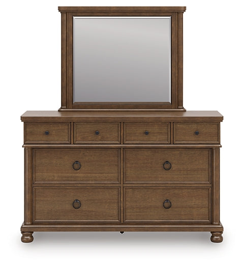 Rowlenstown King Poster Bed with Mirrored Dresser