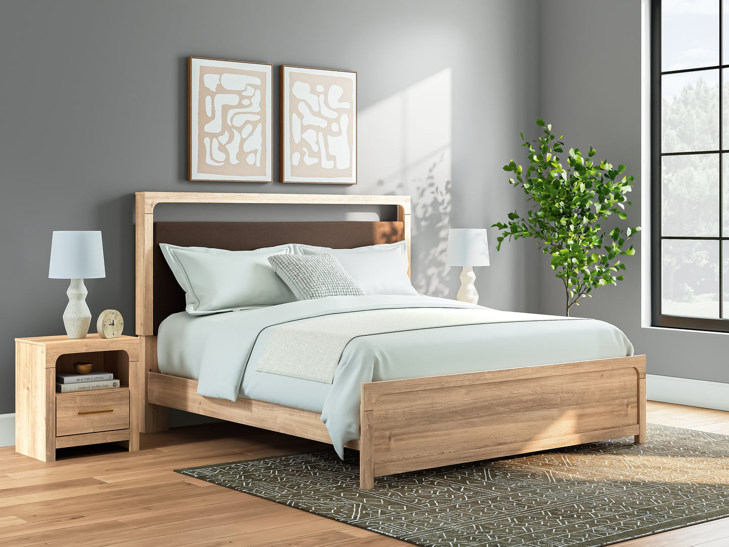 Kinlanni King Upholstered Platform Bed, Dresser, Mirror and Nightstand