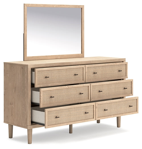 Cielden Queen Upholstered Bed with Roll Slats, Dresser, Mirror and Nightstand