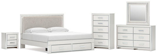 Zuraleus King Upholstered Panel Platform Storage Bed, Dresser, Mirror, Chest and Nightstand