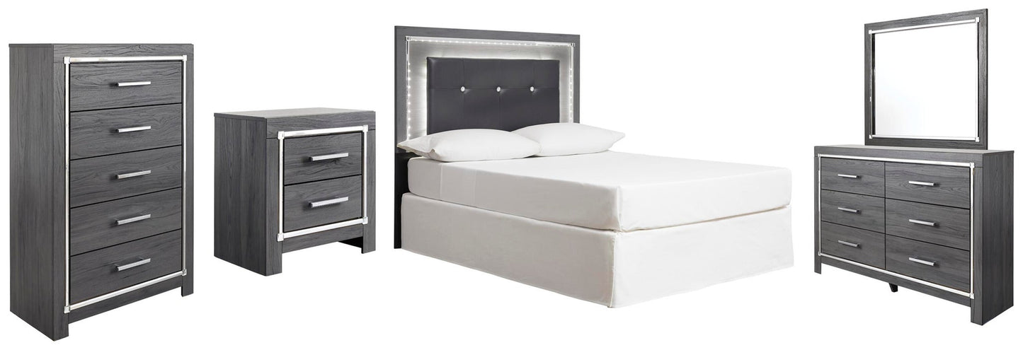 Lodanna Full Upholstered Panel Headboard Bed with Mirrored Dresser, Chest and Nightstand