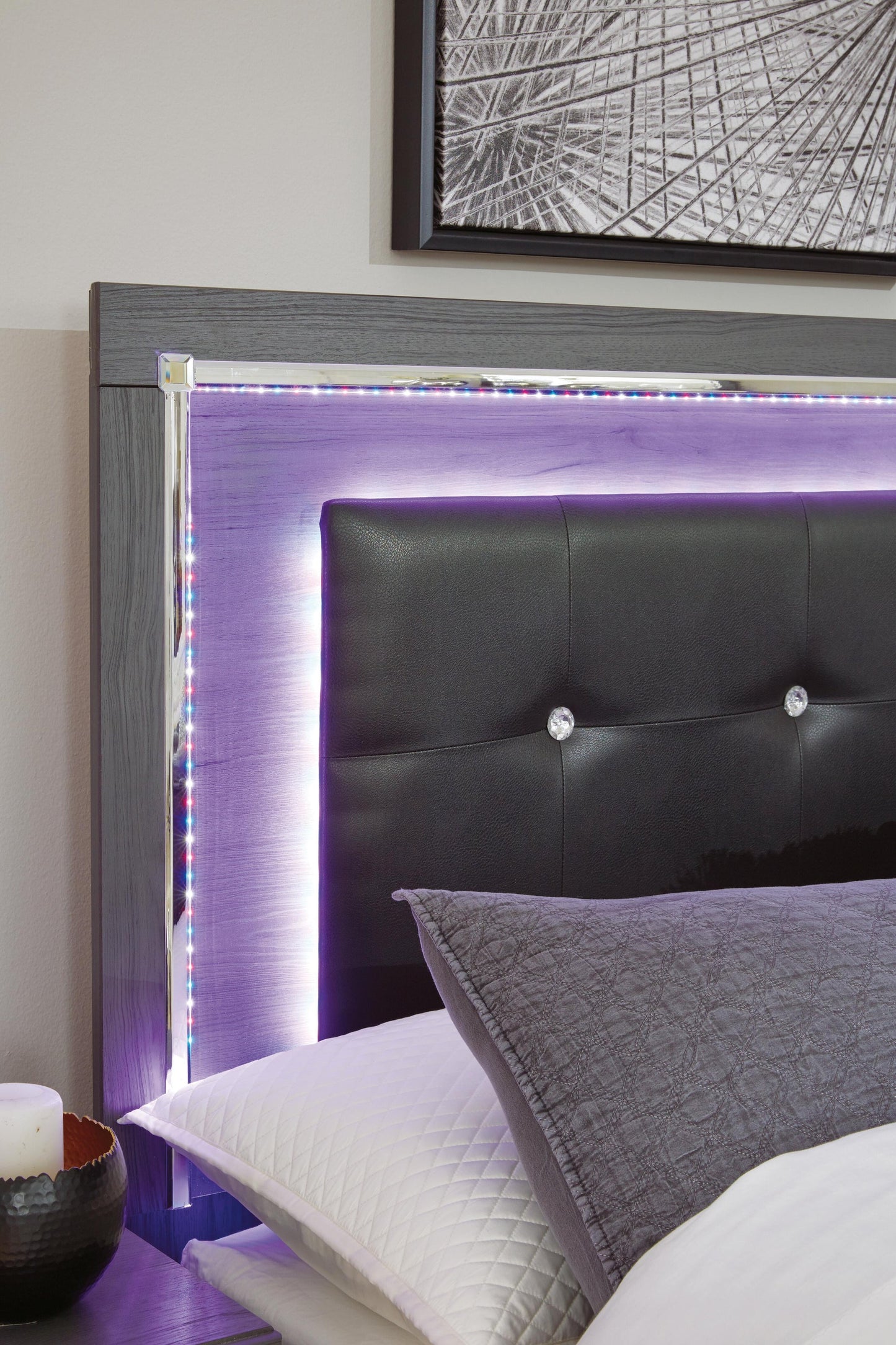 Lodanna Full Upholstered Panel Headboard Bed with Mirrored Dresser, Chest and Nightstand