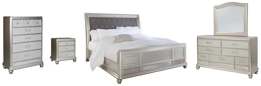 Coralayne Queen Upholstered Sleigh Bed with Mirrored Dresser, Chest and Nightstand