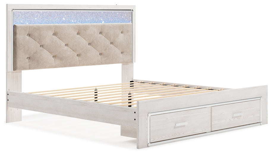 Altyra King Upholstered Storage Bed with Mirrored Dresser and Nightstand