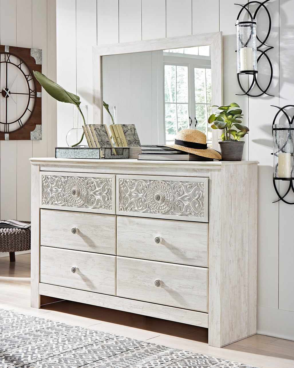 Paxberry King Panel Bed with Mirrored Dresser, Chest and 2 Nightstands