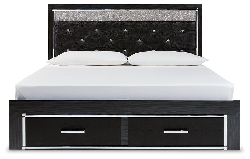 Kaydell King Upholstered Panel Storage Platform Bed with Mirrored Dresser, Chest and 2 Nightstands