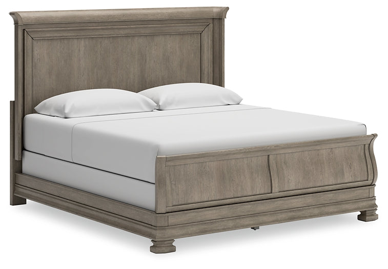 Lexorne California King Sleigh Bed with Mirrored Dresser, Chest and Nightstand