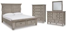 Load image into Gallery viewer, Harrastone California King Panel Bed with Mirrored Dresser and Chest
